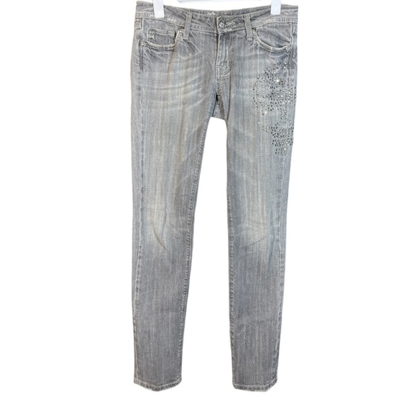 Miss Me Skull Rhinestone Denim Jeans Grey Gray Halloween Rocker 27 Bling - Picture 2 of 15